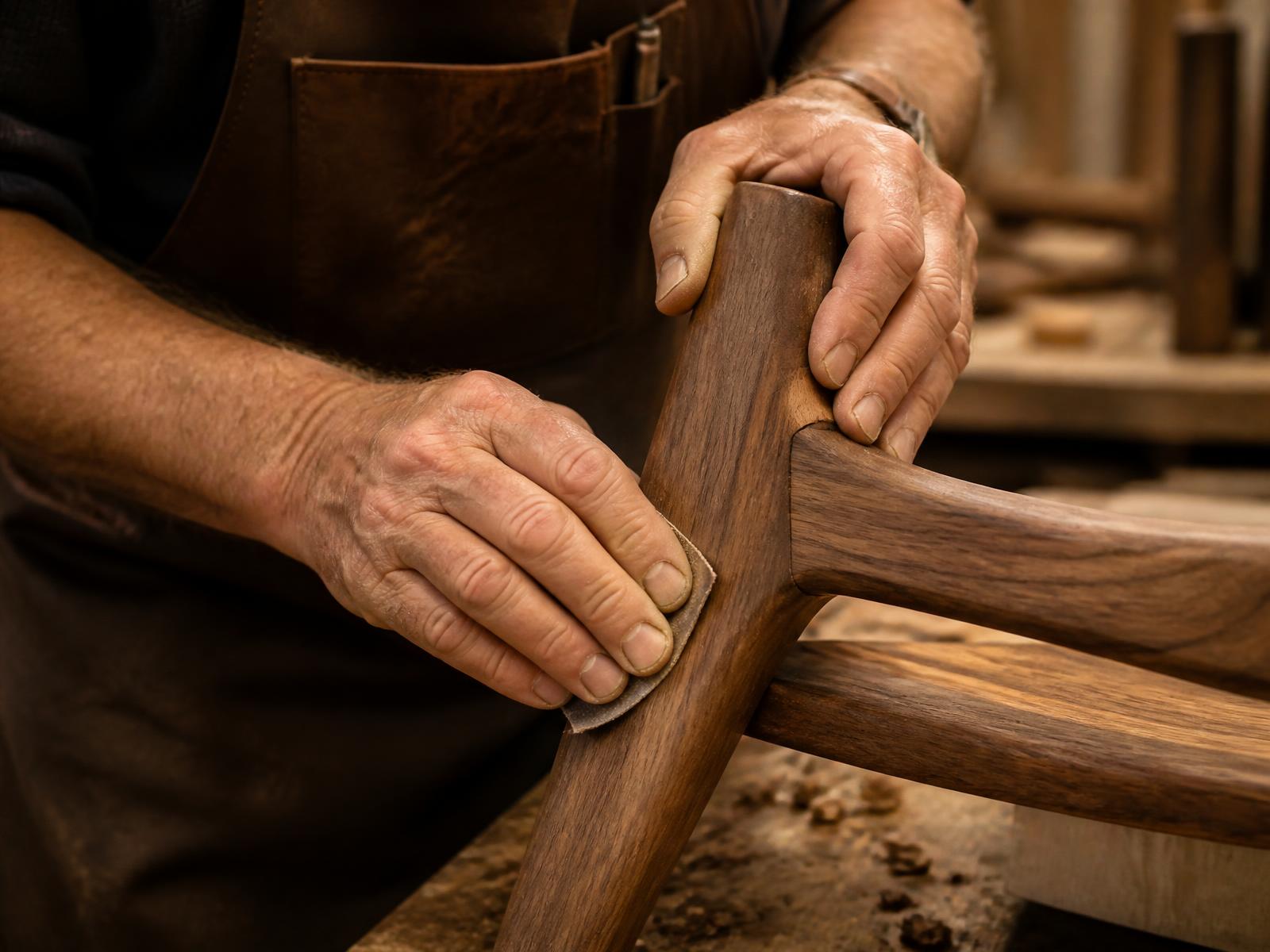 Craftsman hand-finishing a walnut chair leg in the C'NAKHO workshop